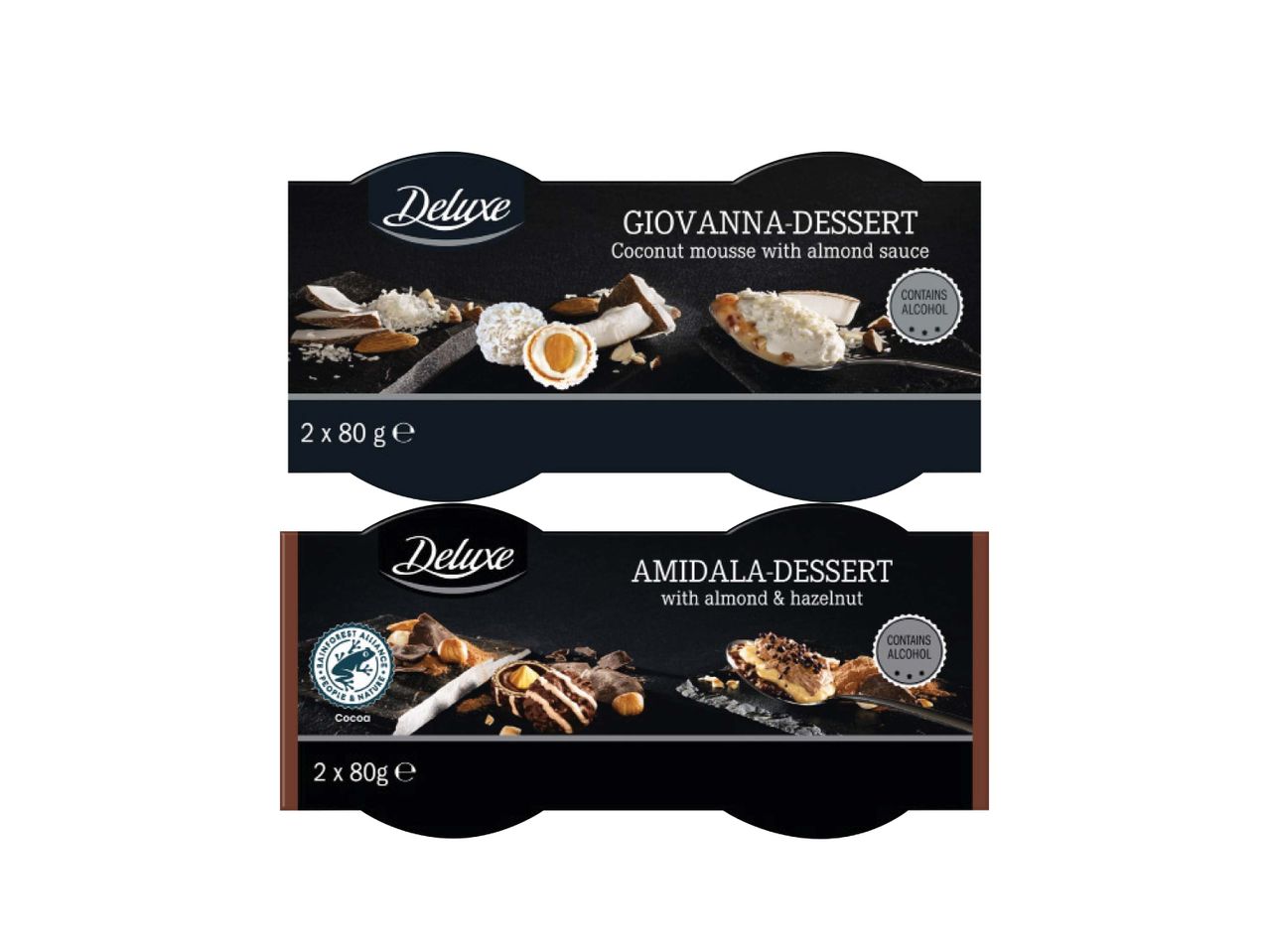 Du „Deluxe“ desertai: kokosų putėsiai su migdolų padažu ir migdolų bei lazdynų riešutų desertas.