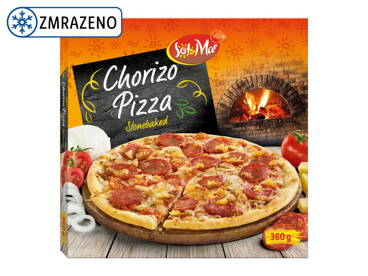 Pizza Chorizo Sol & Mar, 360g, pečená v kamenné peci.