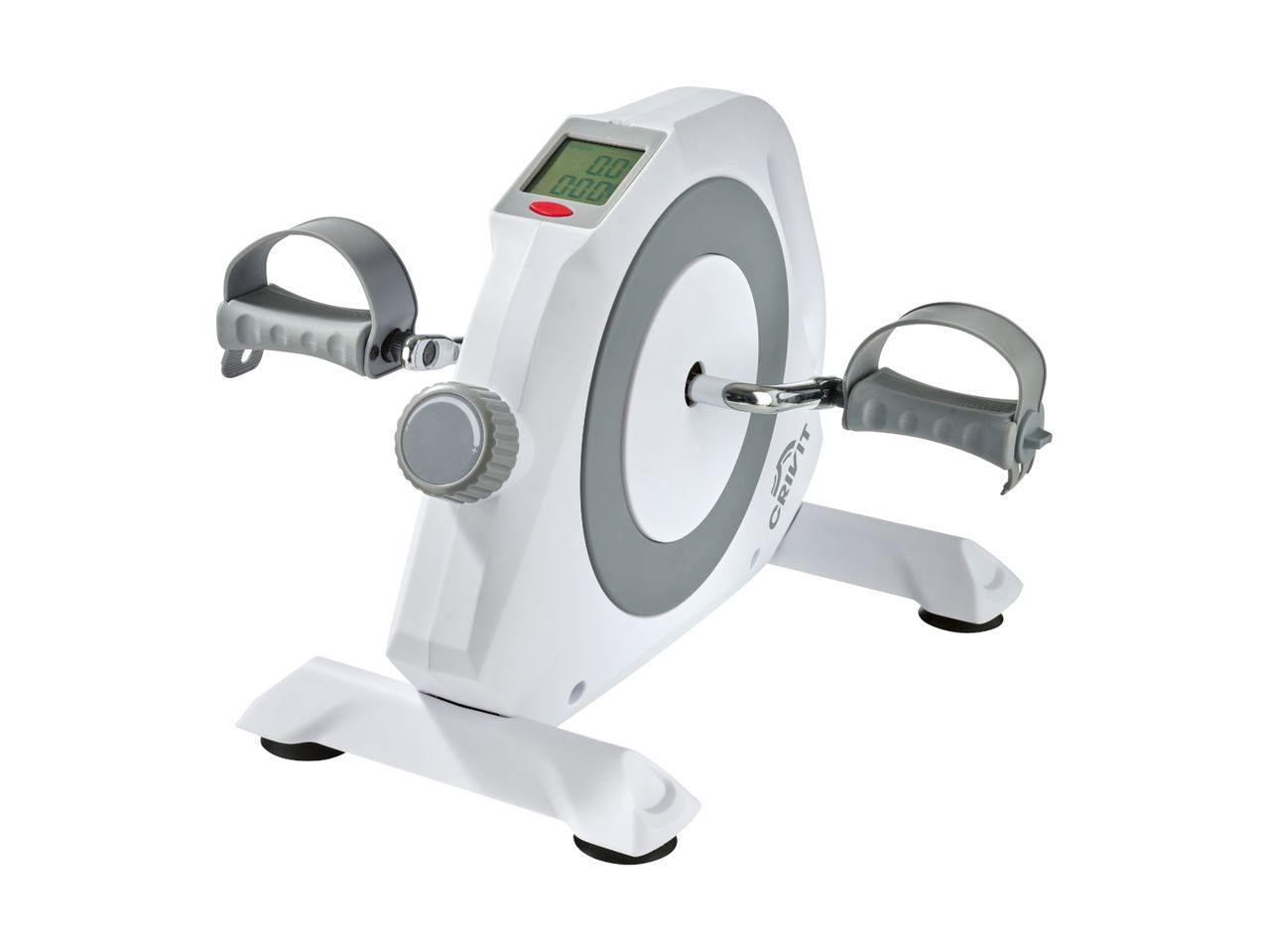 White and grey mini exercise bike with a digital display and resistance knob.