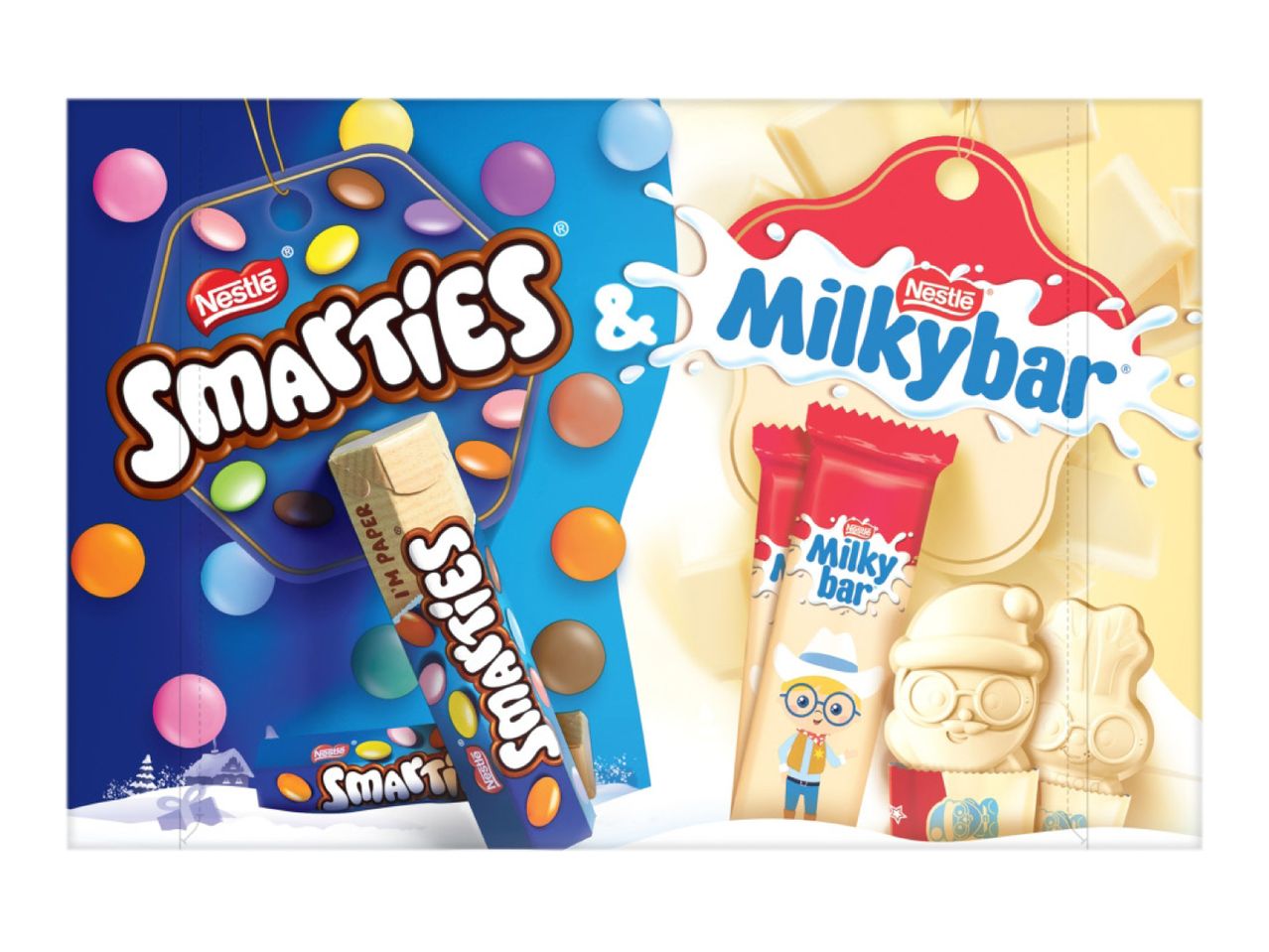 Nestlé Smarties and Milkybar holiday gift pack with chocolates and candies.