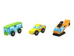 A green toy bus, a yellow toy taxi, and an orange toy helicopter on a white background.