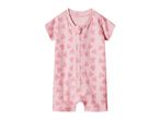 Pink baby romper with short sleeves and heart pattern, featuring a front zipper.