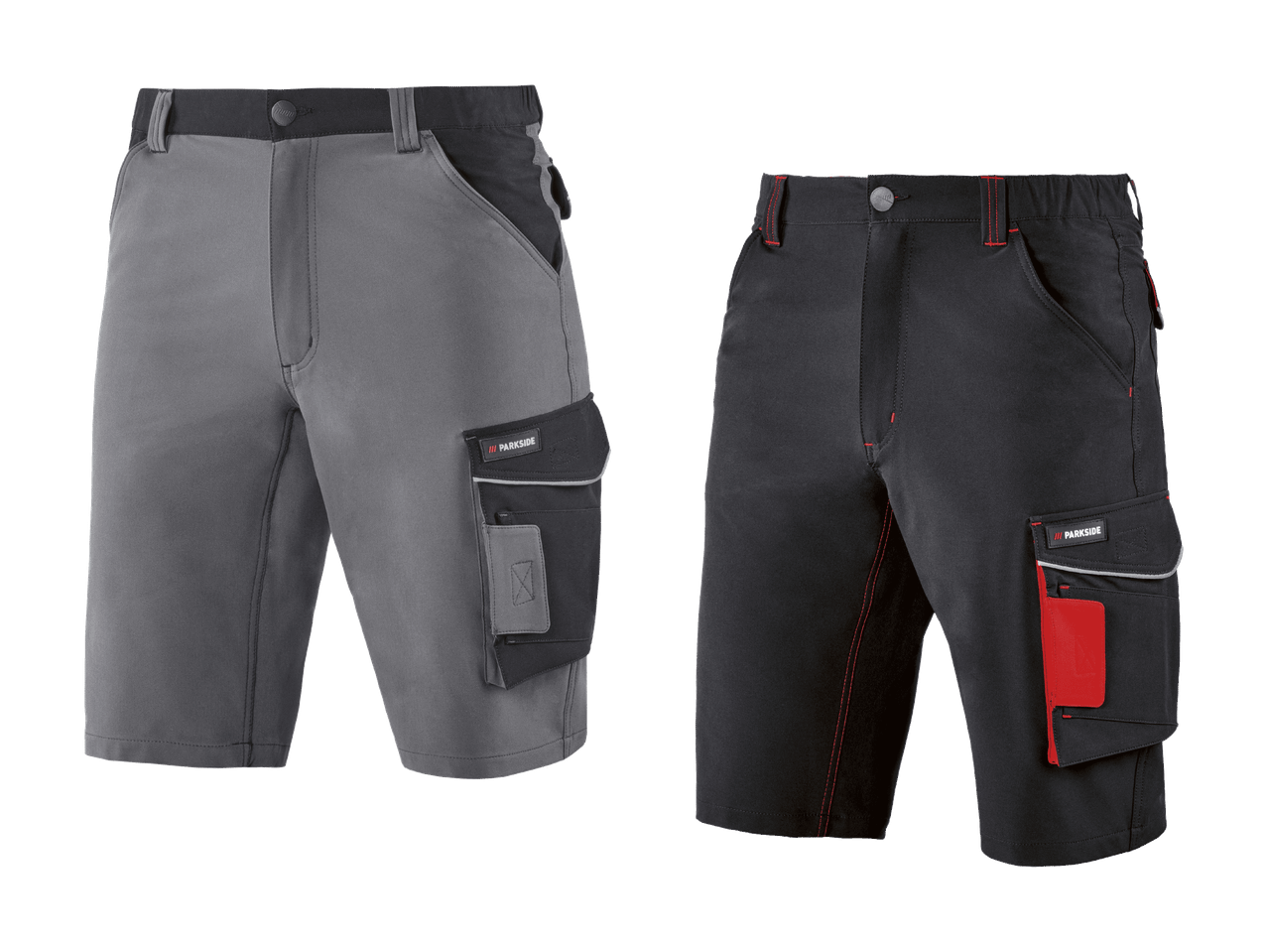 Zwei Herren-Arbeitsshorts, eine graue und eine schwarze, mit Cargotaschen.