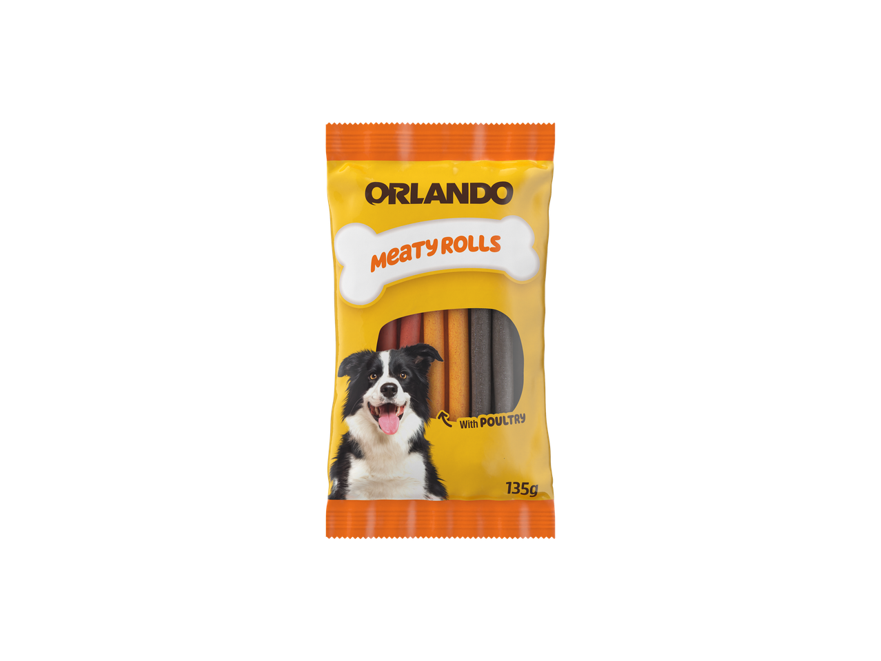 Orlando Meaty Rolls dog treats with poultry, 135g, featuring a happy border collie.