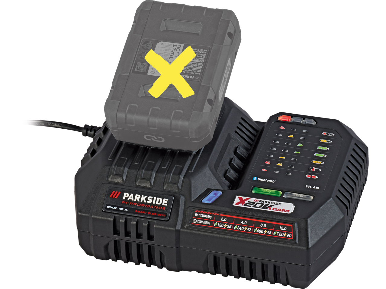 Parkside Performance akumuliatoriaus įkroviklis su X 20V Team akumuliatoriumi.