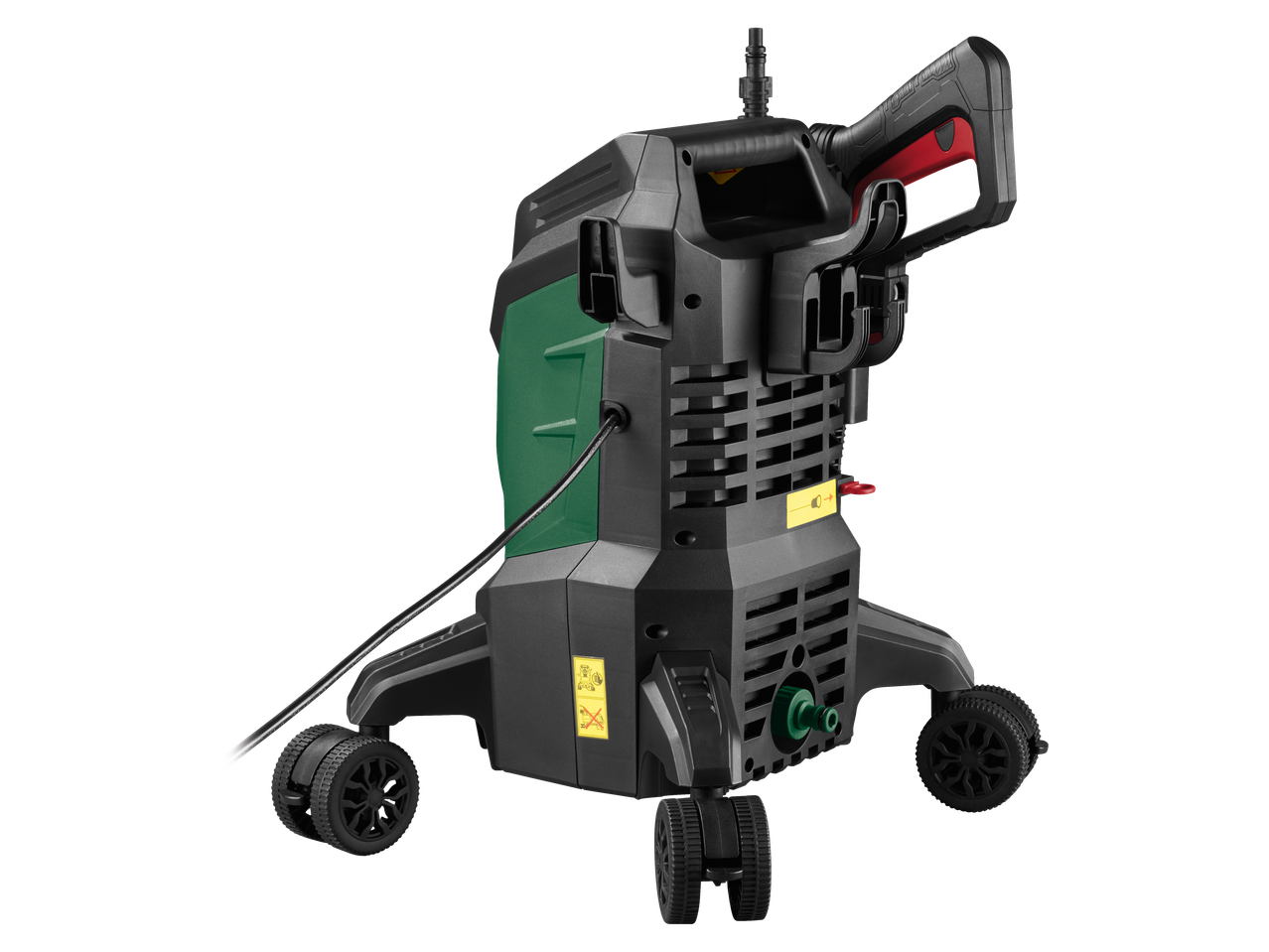 PARKSIDE Flexi perač pod pritiskom sa crvenom ručkom i točkovima, pogled otpozadi