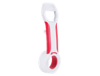 White and red multi-tool kitchen utensil with bottle opener and jar opener.