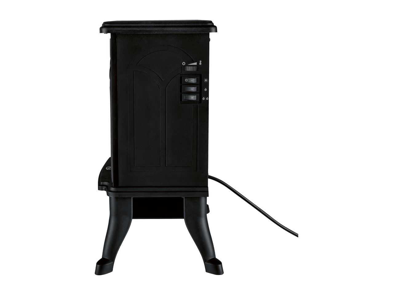 Black electric fireplace heater with controls on the side