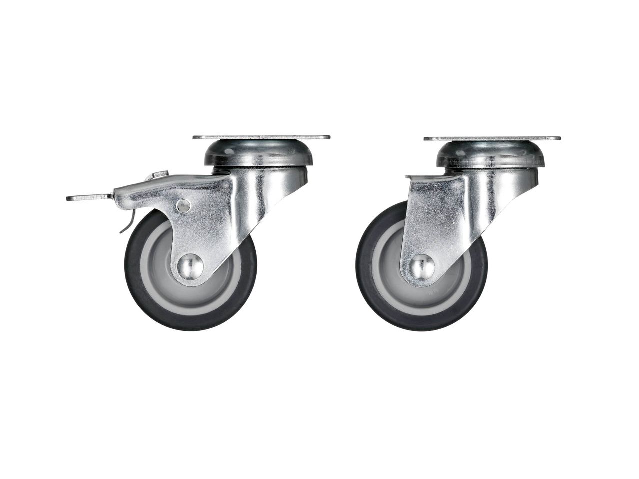 Two metal caster wheels with black and gray rubber wheels, one with a brake.