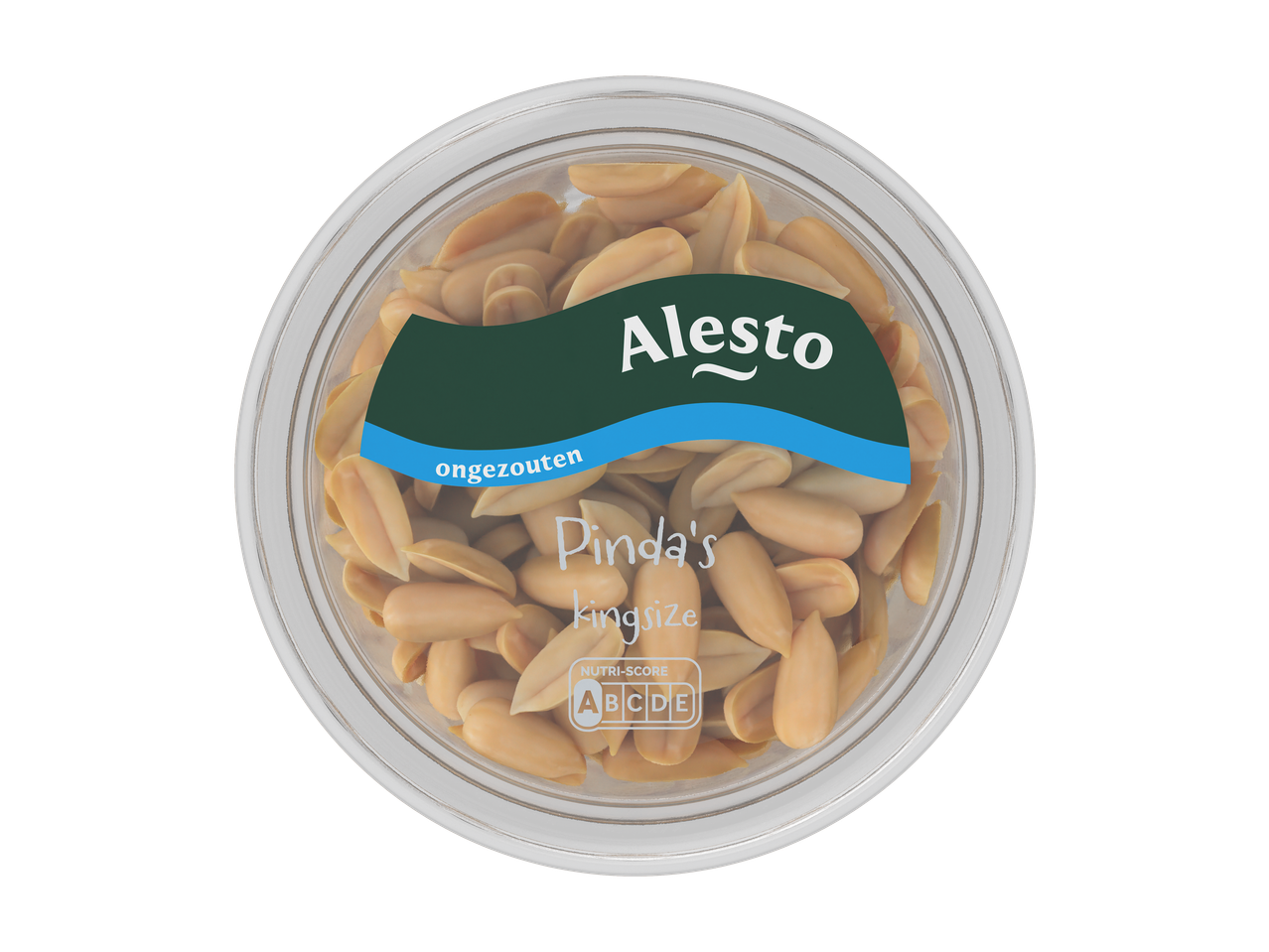 Alesto Pinda's kingsize, ongezouten pinda's in een doorzichtige beker met Nutri-Score A.