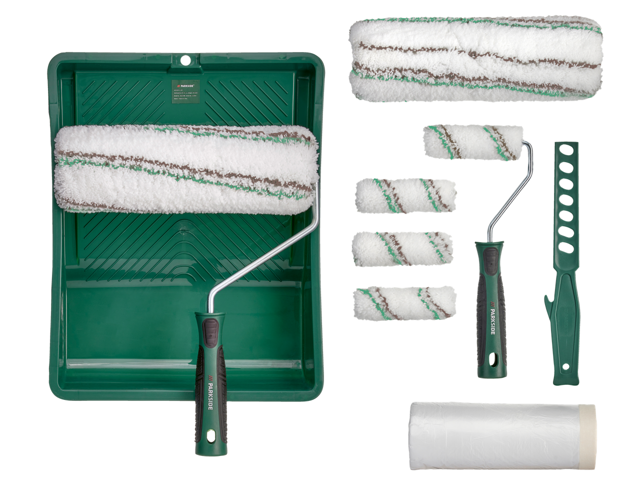 PARKSIDE® ergonoomiline värvirullikomplekt koos aluse, mitme rulli ja tarvikutega.