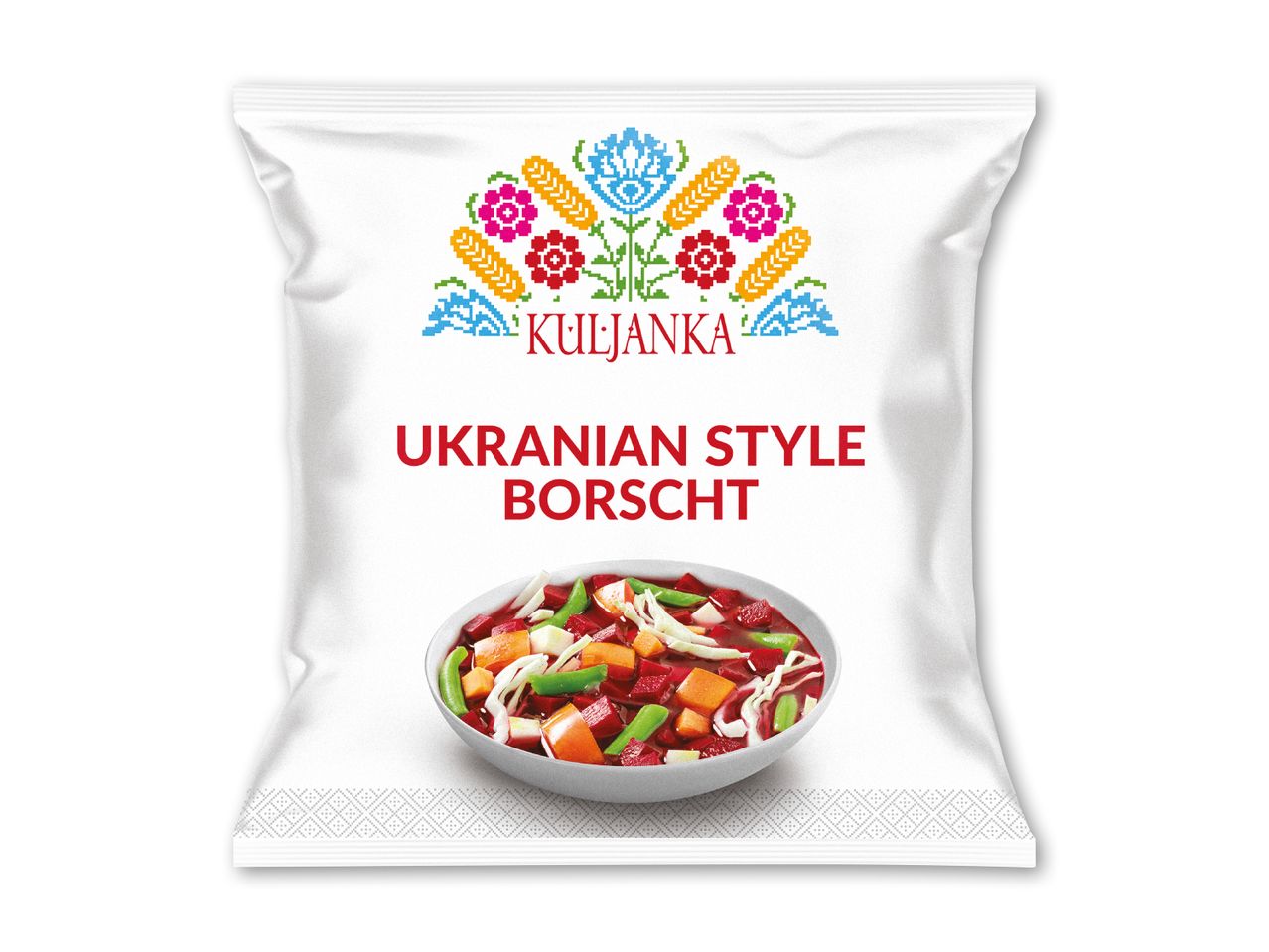 Hvid pose med ukrainsk-inspireret borscht, pyntet med farverige blomstermønstre og en skål suppe.