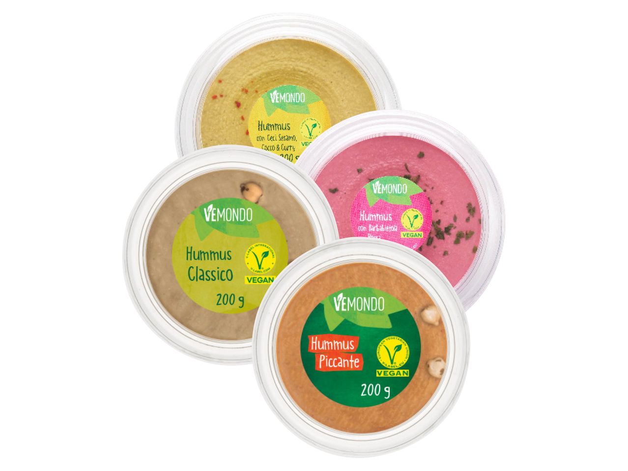Quattro vasetti di hummus Vemondo: classico, piccante, con ceci e sesamo, e con barbabietola.
