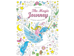 Children's book cover: The Magic Journey, a magical colouring book, with a girl riding a winged unicorn.