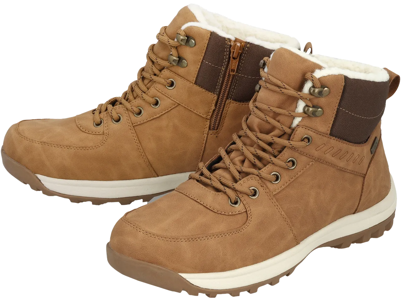 Pair of brown winter boots with white faux fur lining and a side zipper.