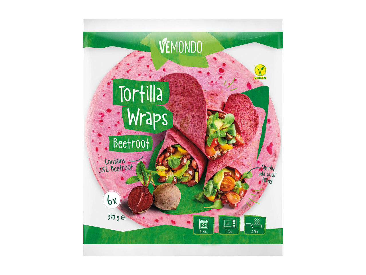 Tortilhas veganas Vemondo com beterraba: 6 unidades, 370 g.