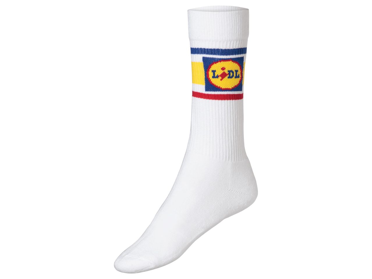 Fehér Lidl zokni, kék, sárga és piros csíkkal.