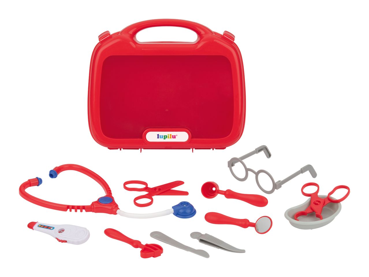 A red toy doctor's kit with a stethoscope, thermometer, glasses, and other medical tools.