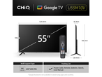 Chiq Google Smart TV (U55M10V) met afmetingen, afstandsbediening en paklijst.