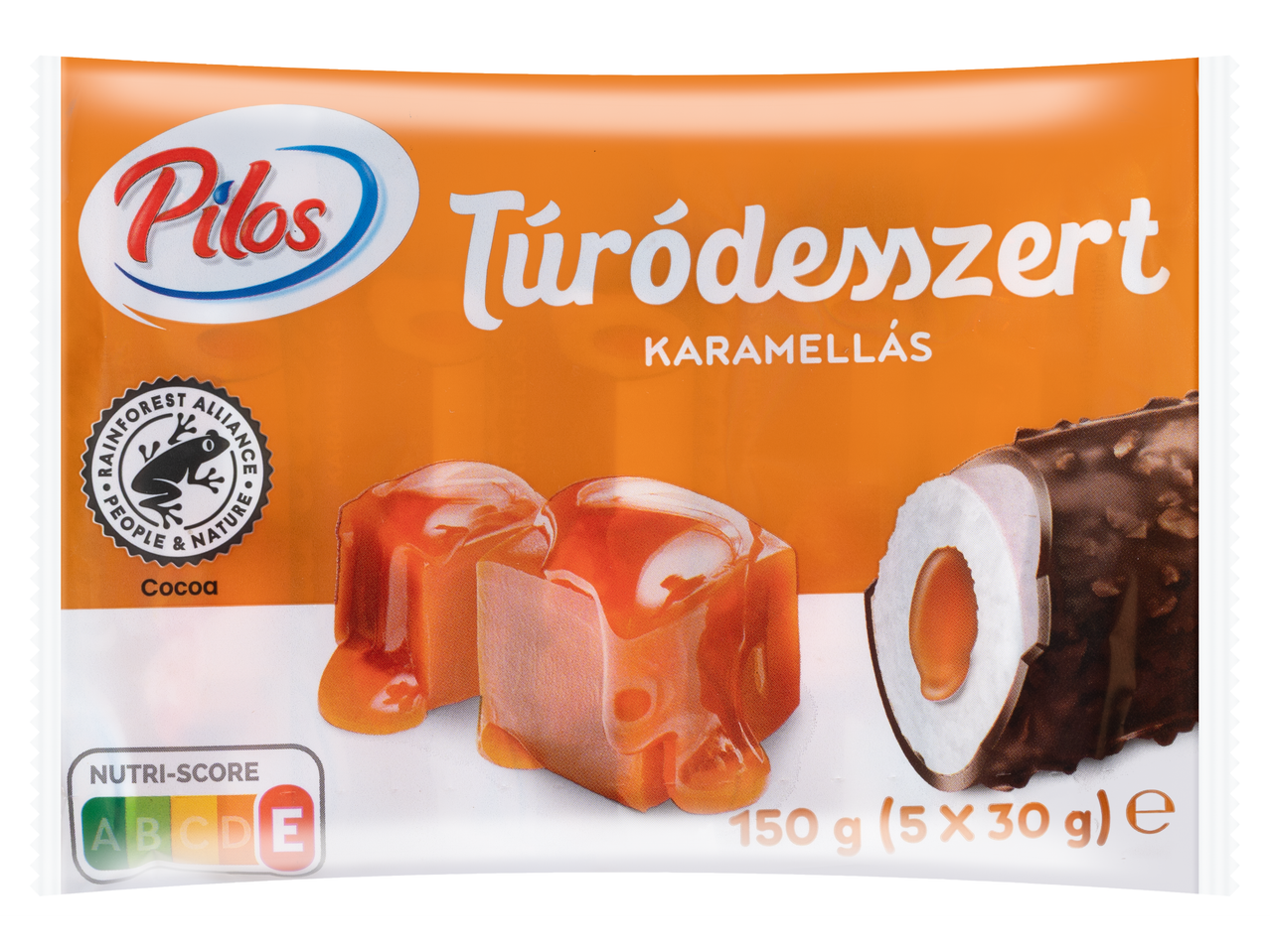 Pilos Túródesszert karamellás töltelékkel, 150g (5x30g), Nutri-Score E