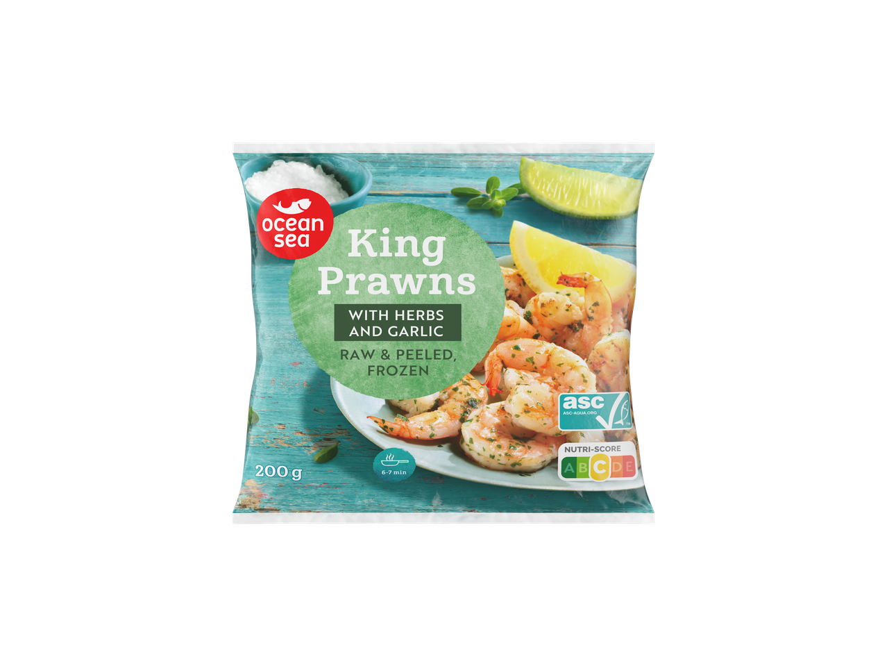 Šaldyti karališkosios krevetės Ocean Sea su žolelėmis ir česnakas.