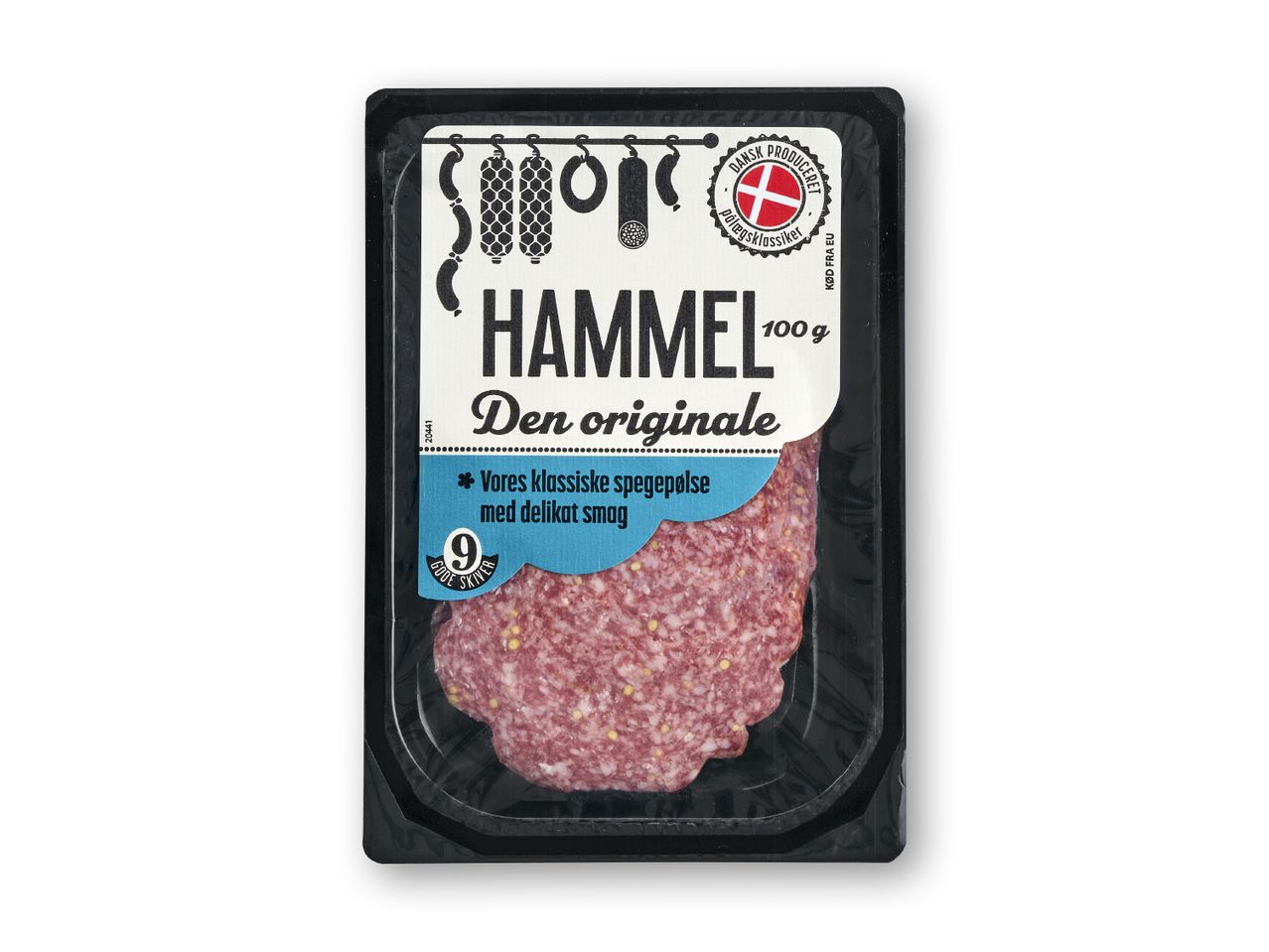 Pakket skiveskåret spegepølse fra Hammel med 9 skiver og dansk oprindelse.