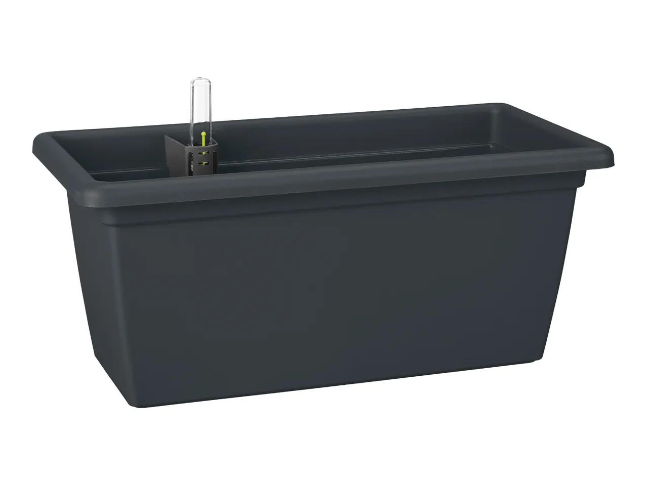 Dark grey rectangular self-watering planter with a water level indicator