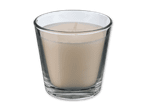 Eine beige Kerze in einem durchsichtigen Glasgefäß.