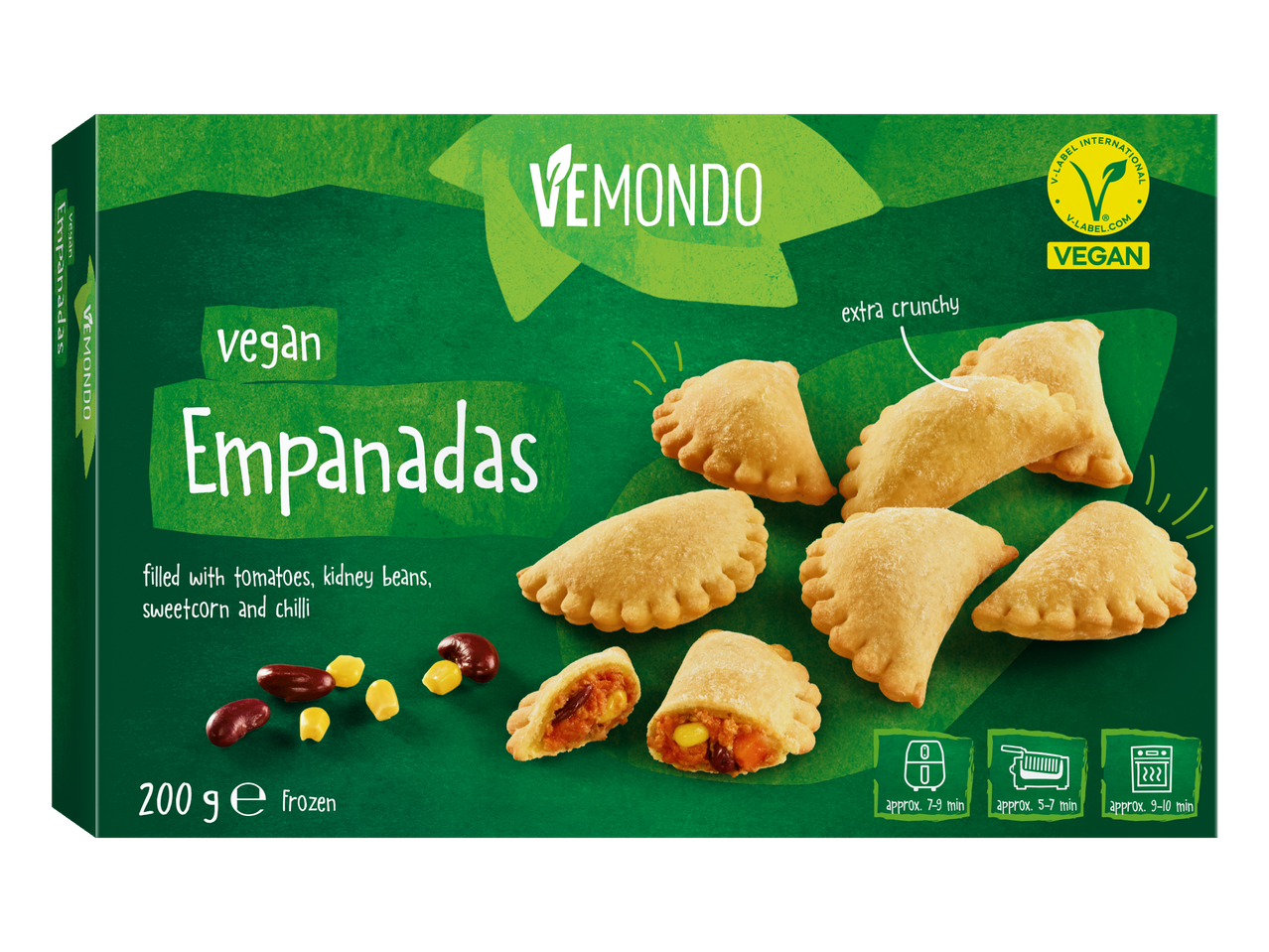 Vemondo veganistische empanada's met tomaat, kidneybonen, maïs en chili.