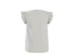 Vista traseira de um top feminino cinza claro com mangas curtas com folhos.