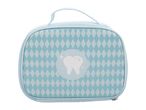 Light blue dental hygiene bag with a white diamond pattern and a sparkling tooth graphic.