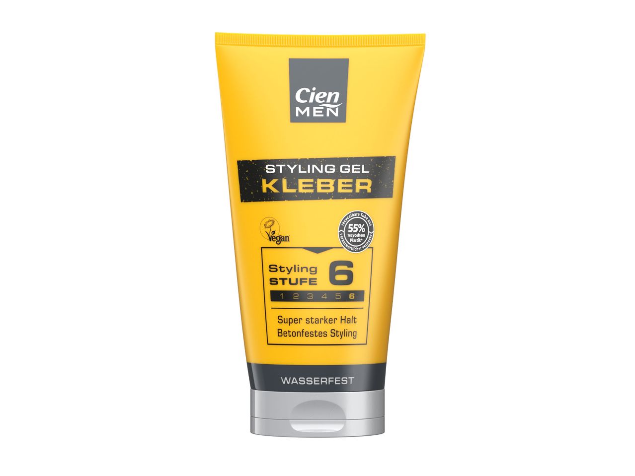 Gel für Männer mit starkem Halt, vegan und wasserfest, in einer gelben Tube.