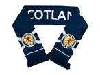 Dark blue knitted scarf with 'SCOTLAND' text and Scottish crest with a red lion.