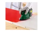 A cordless multi-sander being used to sand a painted wooden board.