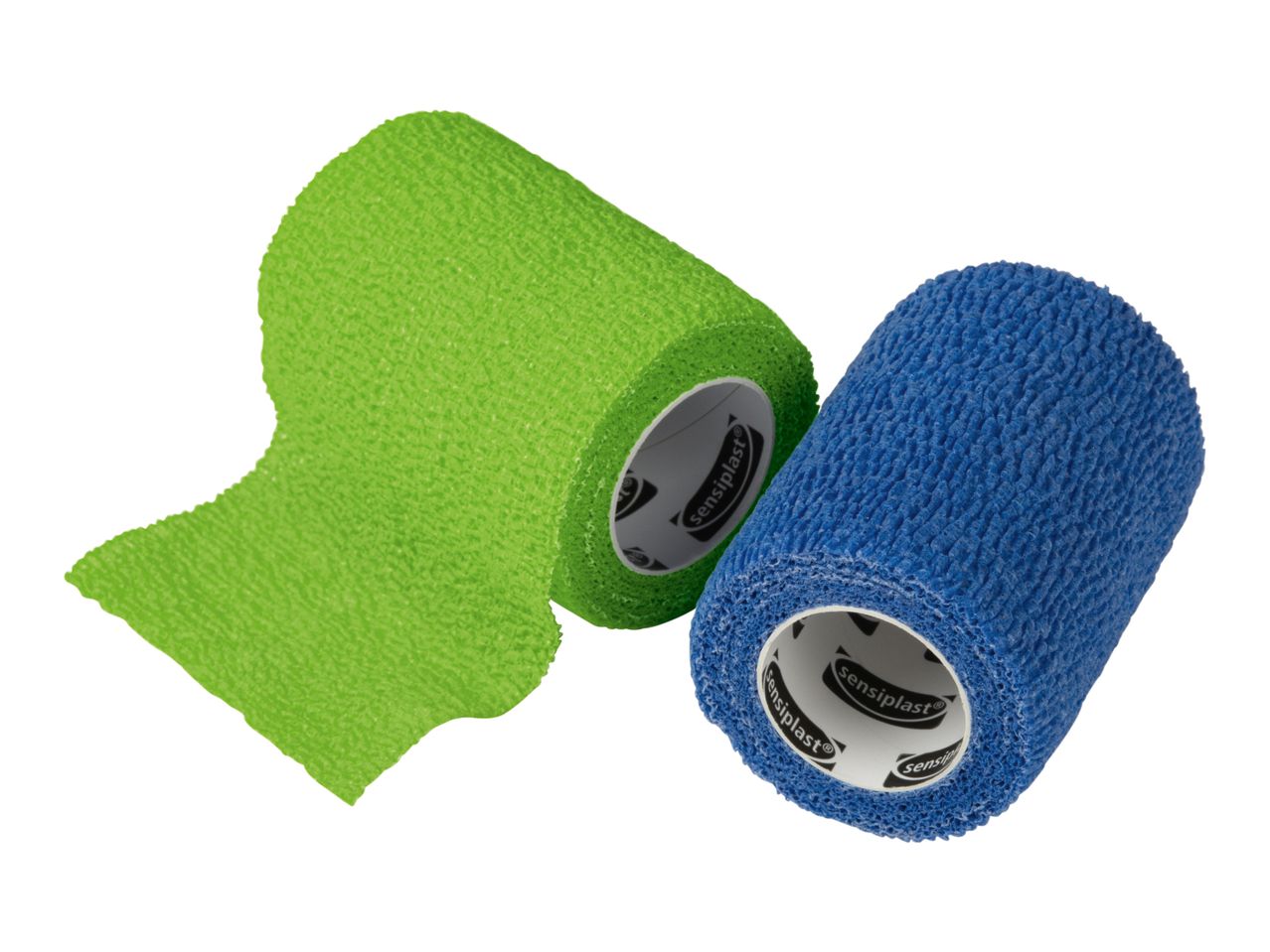 Two self-adhesive elastic bandages, one green and one blue, with visible core branding.
