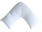 A white V-shaped body pillow isolated on a black background.