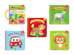 Fünf bunte Kinderbücher, darunter Fühlbücher und ein Bildwörterbuch, mit Tieren und Fahrzeugen.