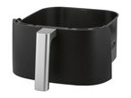 Black air fryer basket with a silver handle