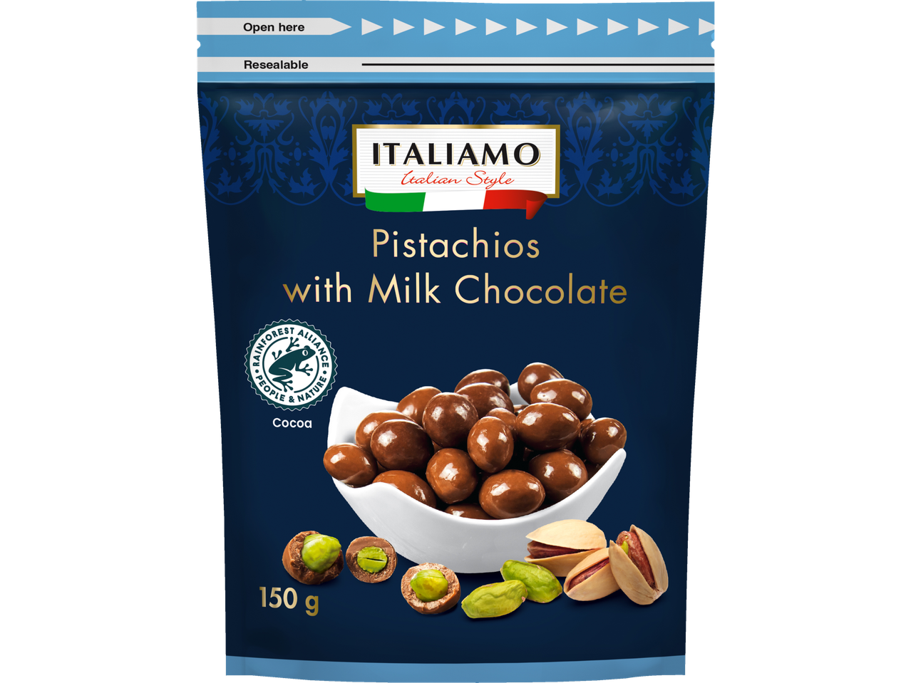 Italiano Pistachios cu ciocolată cu lapte, ambalaj de 150g.