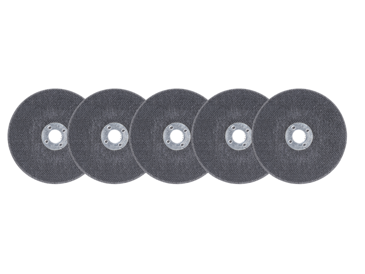 Cinq disques à meuler gris pour le travail des métaux.