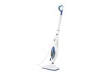 White and blue steam mop with a long handle and a cleaning head