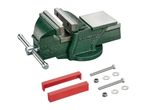 Green bench vise with red jaw pads, bolts, washers, and nuts.