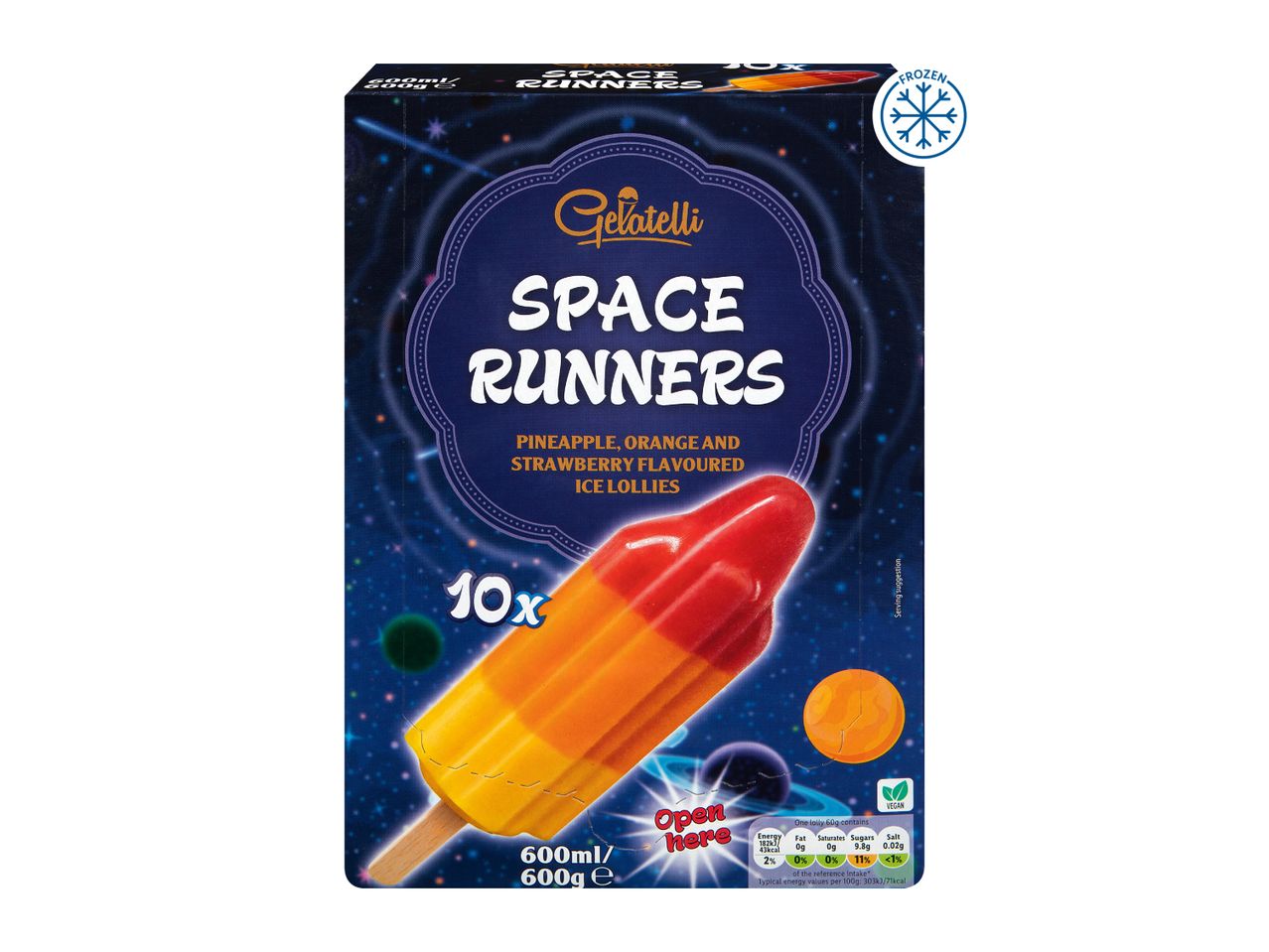 A box of 10 pineapple, orange, and strawberry-flavored ice lollies, with a space theme.