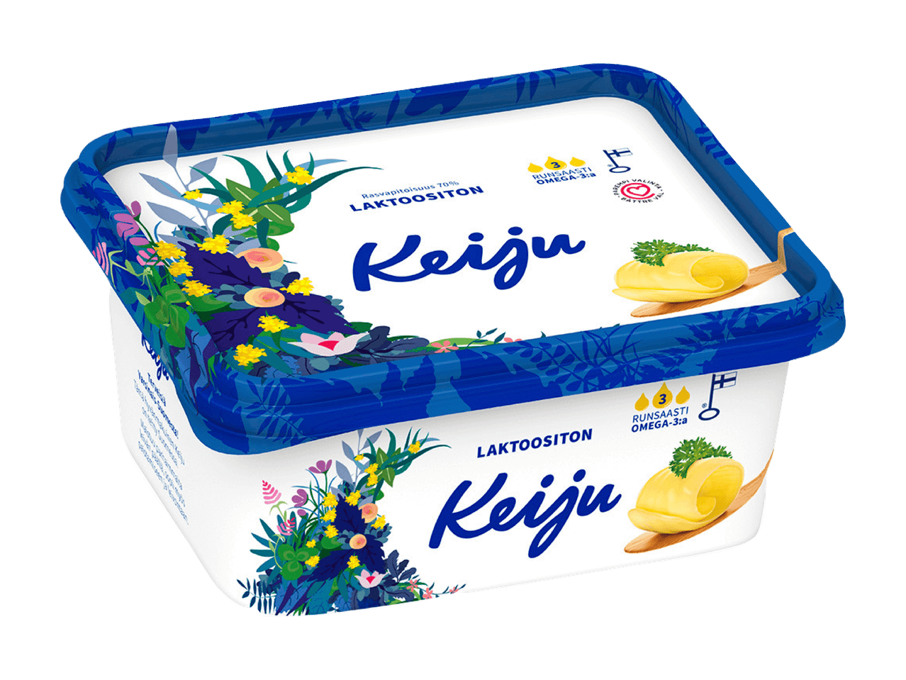 Laktoositon levitepakkaus, jossa on kukkakuvioita ja voita muistuttava nokare.