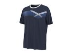 Men's navy blue t-shirt with a white and blue striped pattern on the chest.