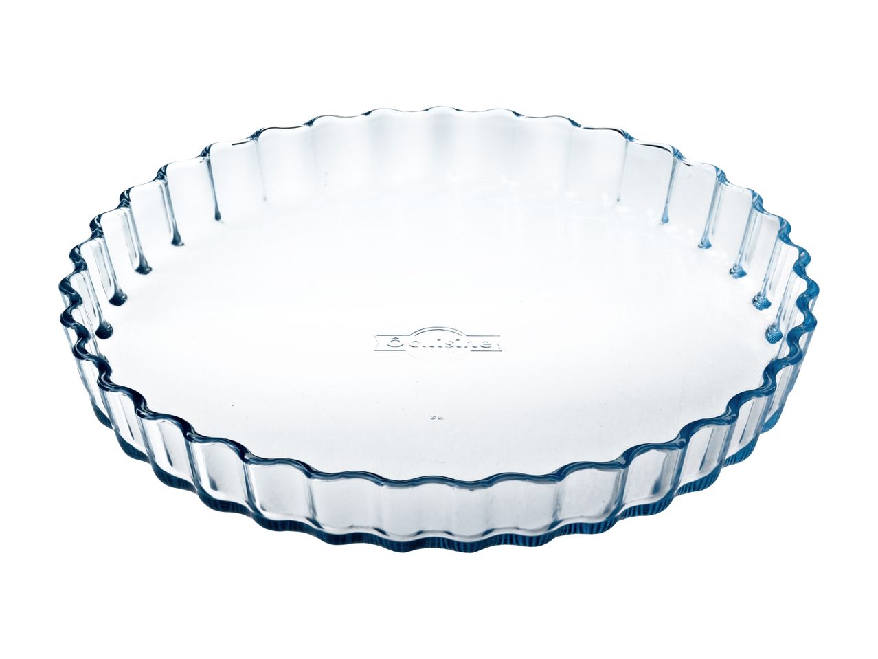 Rund, klar glas tærteform med bølget kant og 'Cuisine' logo.