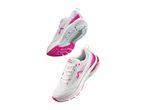 Two white and pink athletic shoes, one showing the sole, on a white background.