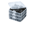 Clear plastic organizer box with three stacked compartments filled with black plastic fasteners.