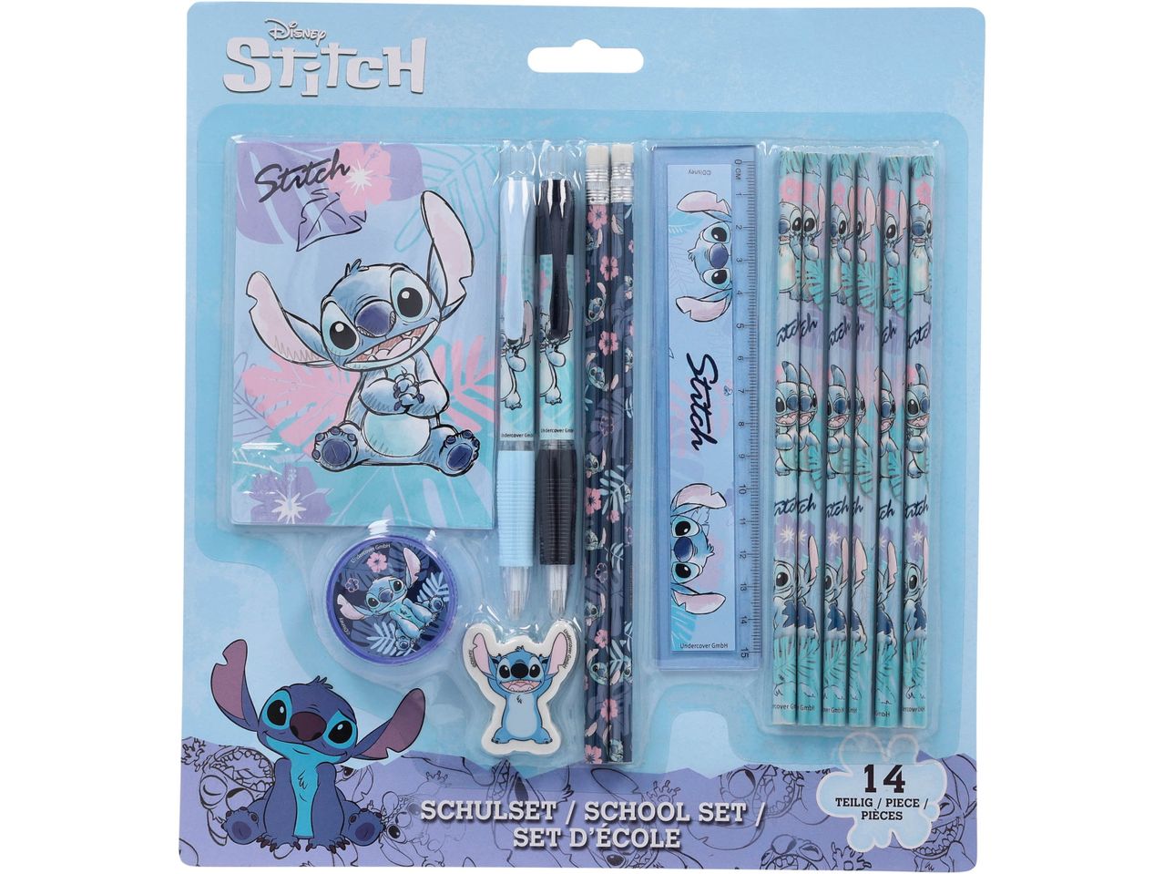 A Disney Stitch-themed school set including a notebook, pens, pencils, ruler, sharpener, and eraser.