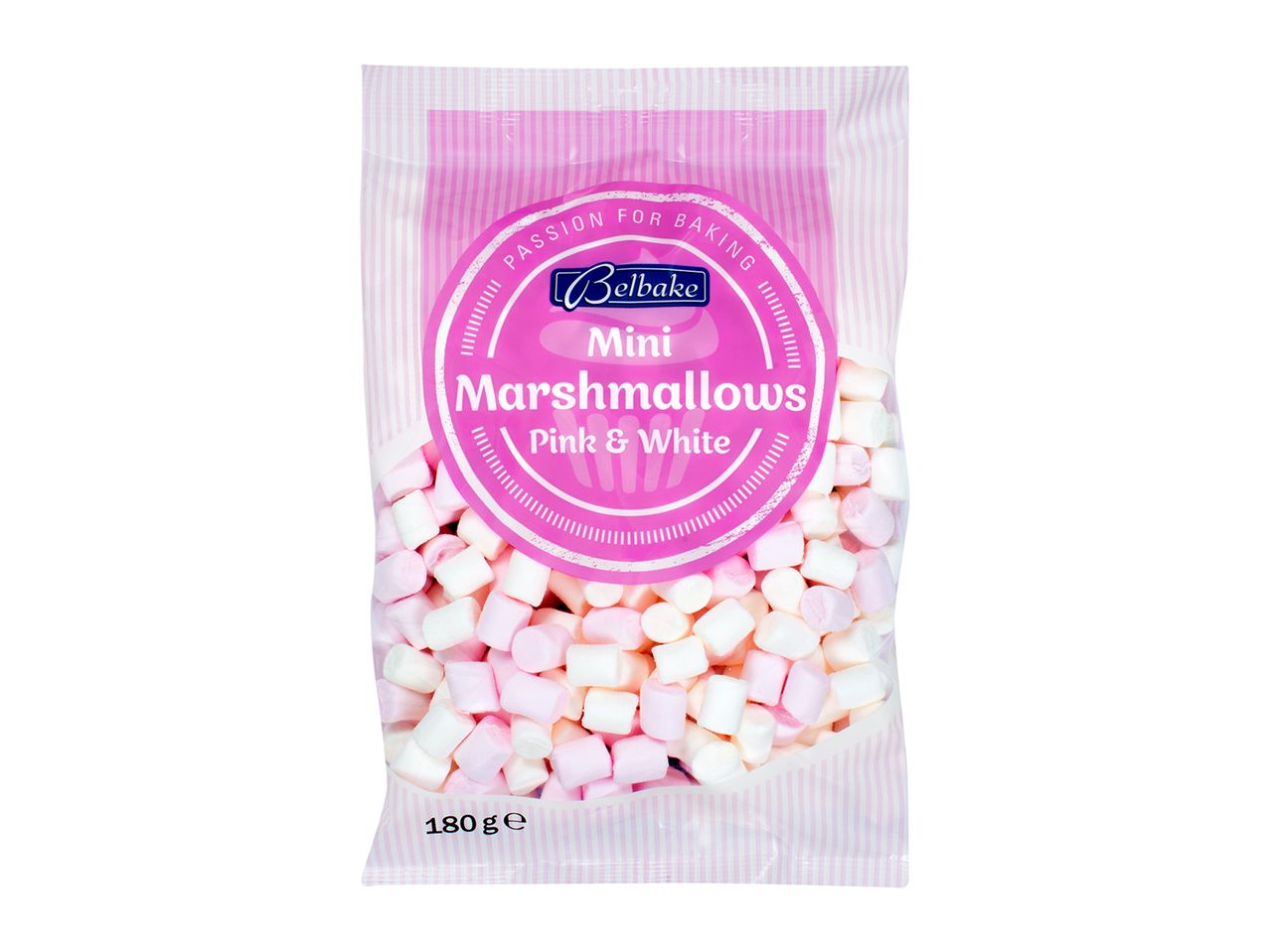 Bellbake mini marshmallows, pink and white, 180g bag.